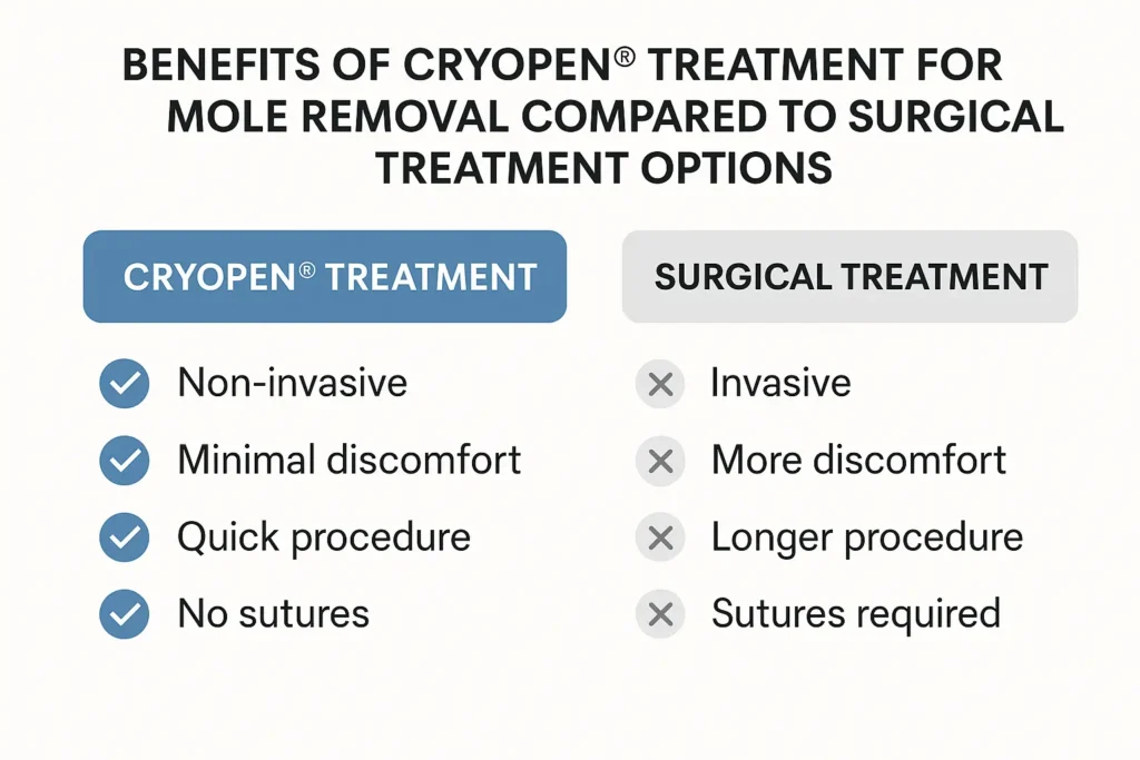 Table to show the benefits of getting moles removed Suffolk from LA LIPO