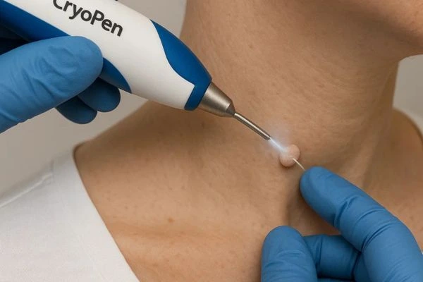 Person receiving cryotherapy Suffolk for skin tag removal