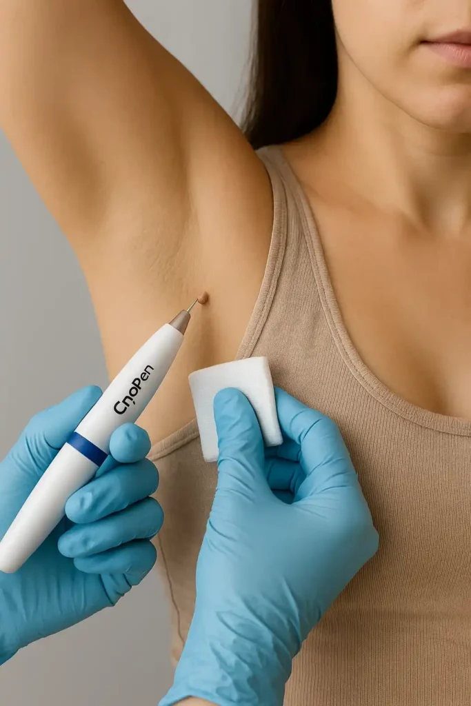 woman having cryopen to remove underarm skin tags Suffolk