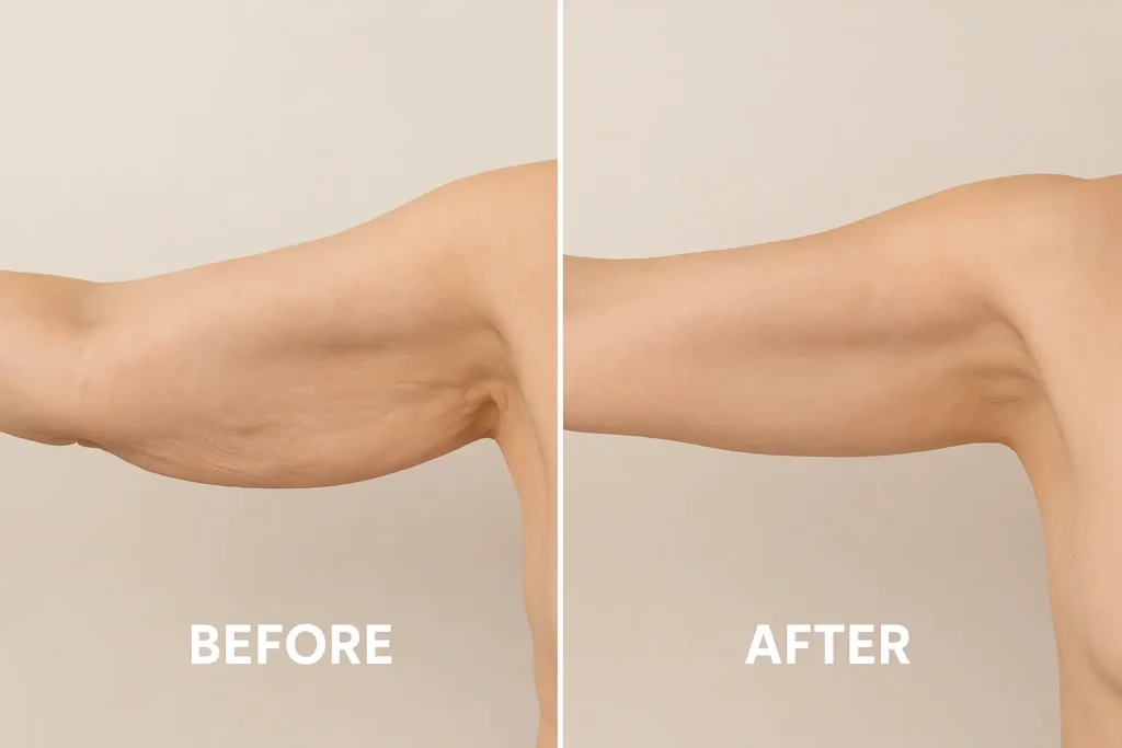 Picture of LA LIPO Suffolk before and after results of skin tightening treatment on the upper arms.