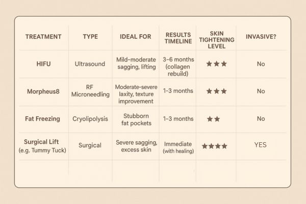Table showing the comparisons of Skin tightening Suffolk treatment options. 